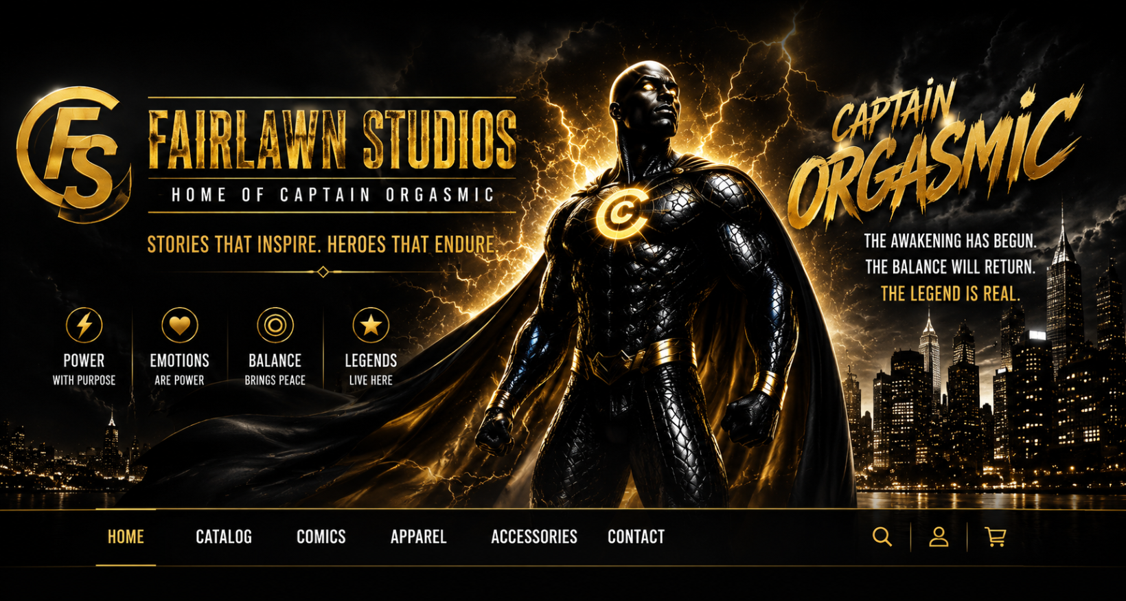 A promotional graphic for Fairlawn Studios featuring a stylized superhero character in a black cape with a gold emblem, set against a dark city skyline and lightning background. Large text reads 'FAIRLAWN STUDIOS' and 'CAPTAIN ORGASMIC,' with additional promotional copy and navigation icons along the bottom.